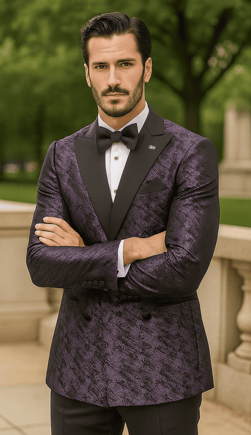 Purple double-breasted jacket with rough streak pattern, satin finish, and peak lapels. Features two front buttons and long sleeves, showcasing intricate texture.