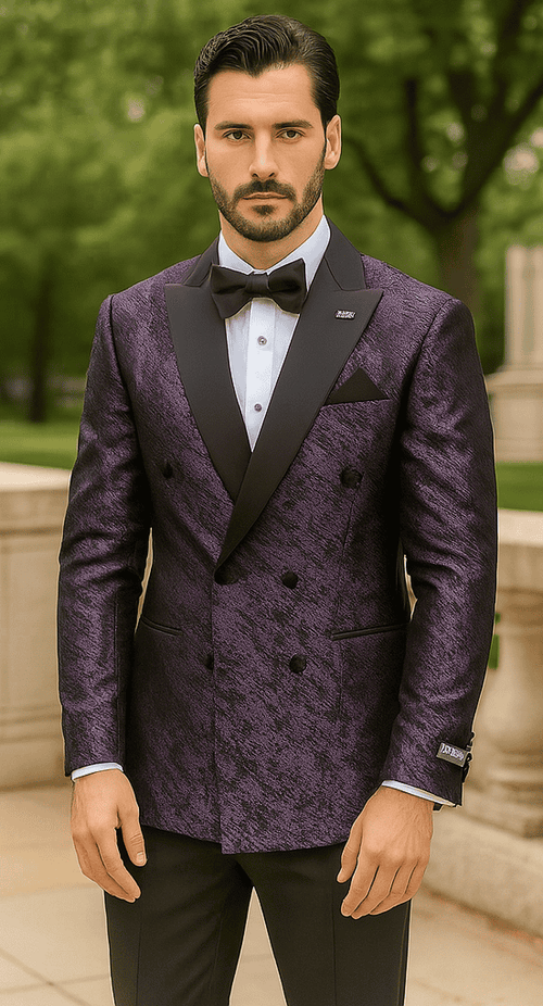 Purple double-breasted jacket with rough streak pattern, satin peak lapels, and black accents. Textured fabric. Unique design highlighted.
