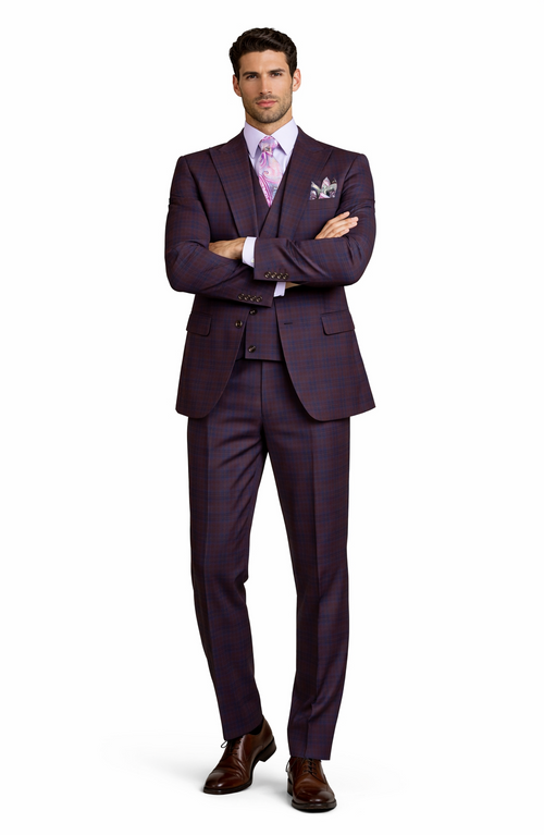 Purple Modern Fit Windowpane Peak Lapel 3 Piece Suit