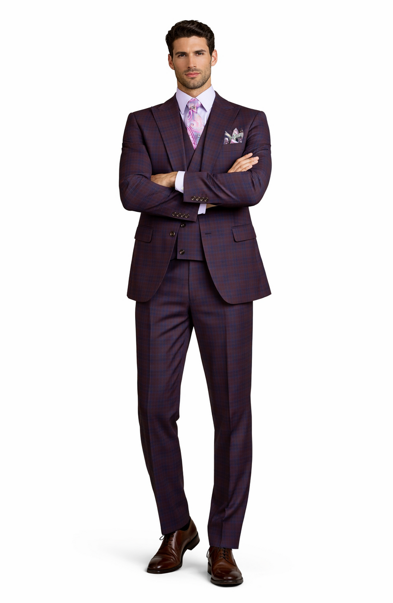Purple Modern Fit Windowpane Peak Lapel 3 Piece Suit