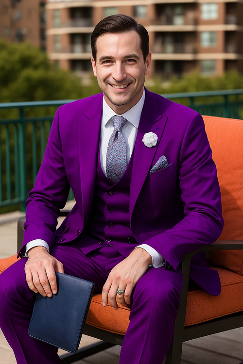 Vibrant purple men's suit: peak lapel double-breasted vest, tailored trousers. Solid, smooth fabric. Includes vest, white shirt, patterned tie, pocket square & flower pin.