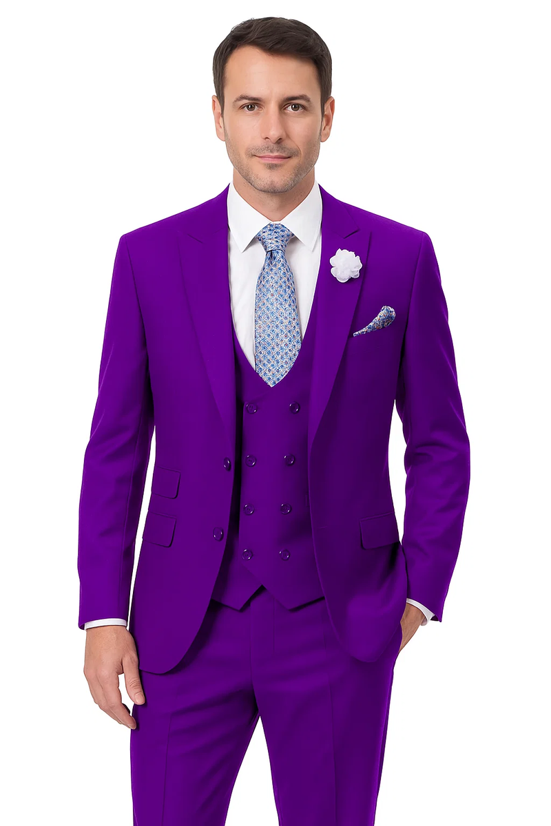 Men's purple three-piece suit: peak lapel jacket, double-breasted vest, tailored fit. Features a solid purple color, side pockets, and refined vest design with six buttons.