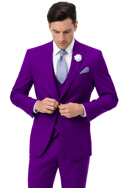Alberto Nardoni men's purple suit: peak lapel, double-breasted vest, 3-piece. Smooth fabric, structured shoulders, single-button jacket. Fitted vest. Tailored trousers with straight leg. Vibrant purple.