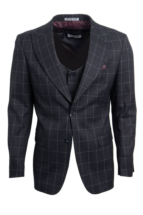 "Mens Stacy Adams Suit - Stacy Adams Suit Men's Charcoal Grey Windowpane Plaid Suit - Two Button Vested Peak Lapel"
