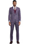 Stacy Adams men's suit in lavender purple with bold windowpane plaid. Includes a tailored jacket with notch lapels, a matching vest, and fitted trousers, all in a smooth, woven fabric. Features a formal plaid design.