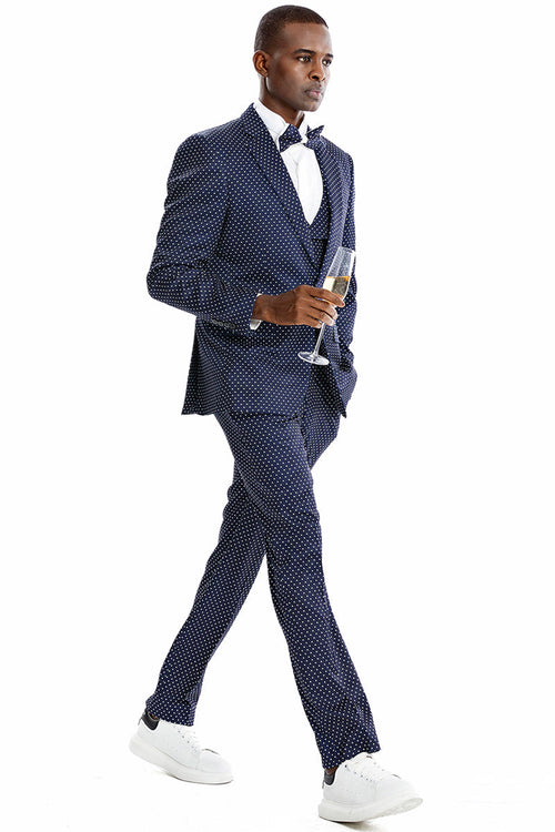 "Polka Dot Prom 2026 Suit for Men - One Button Vested in Navy & White"