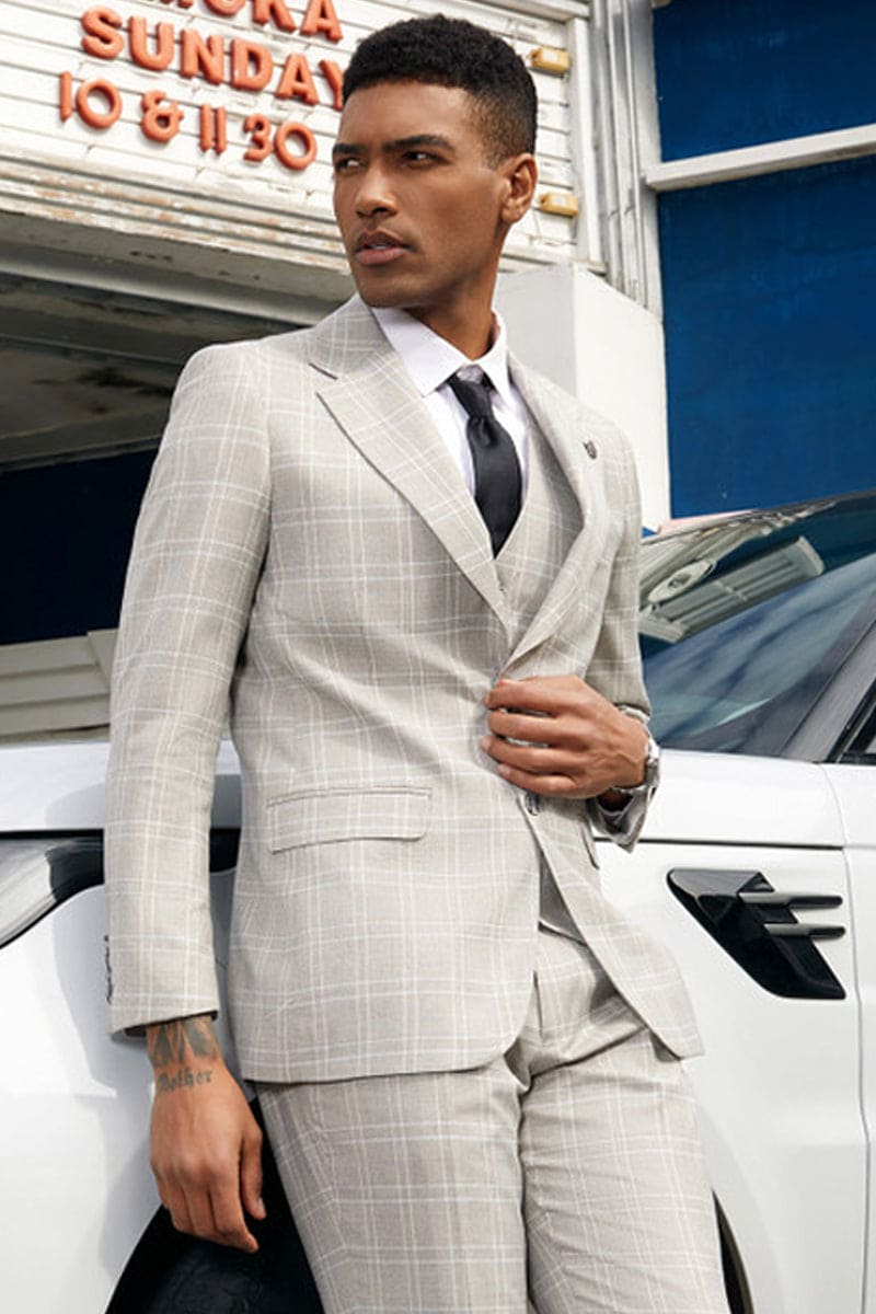 "Mens Stacy Adams Suit -Stacy Adams Suit Men's Light Grey Plaid Vested Business Suit - Two Button"