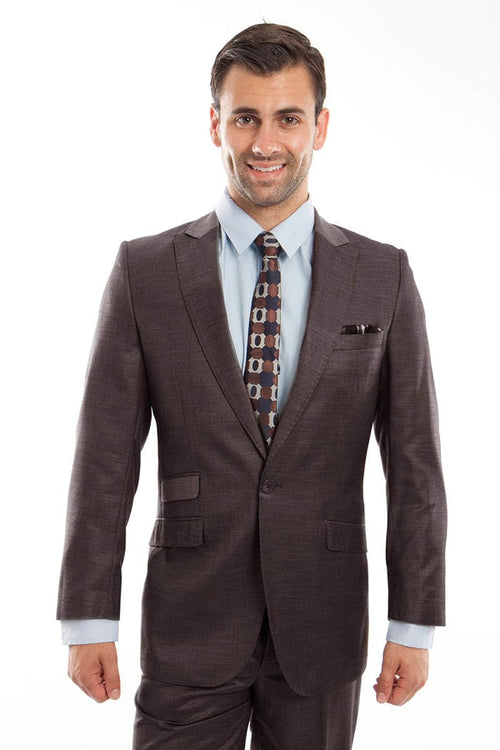 "Sharkskin Slim Fit Men's Suit - One Button, Peak Lapel, Ticket Pocket, Brown"