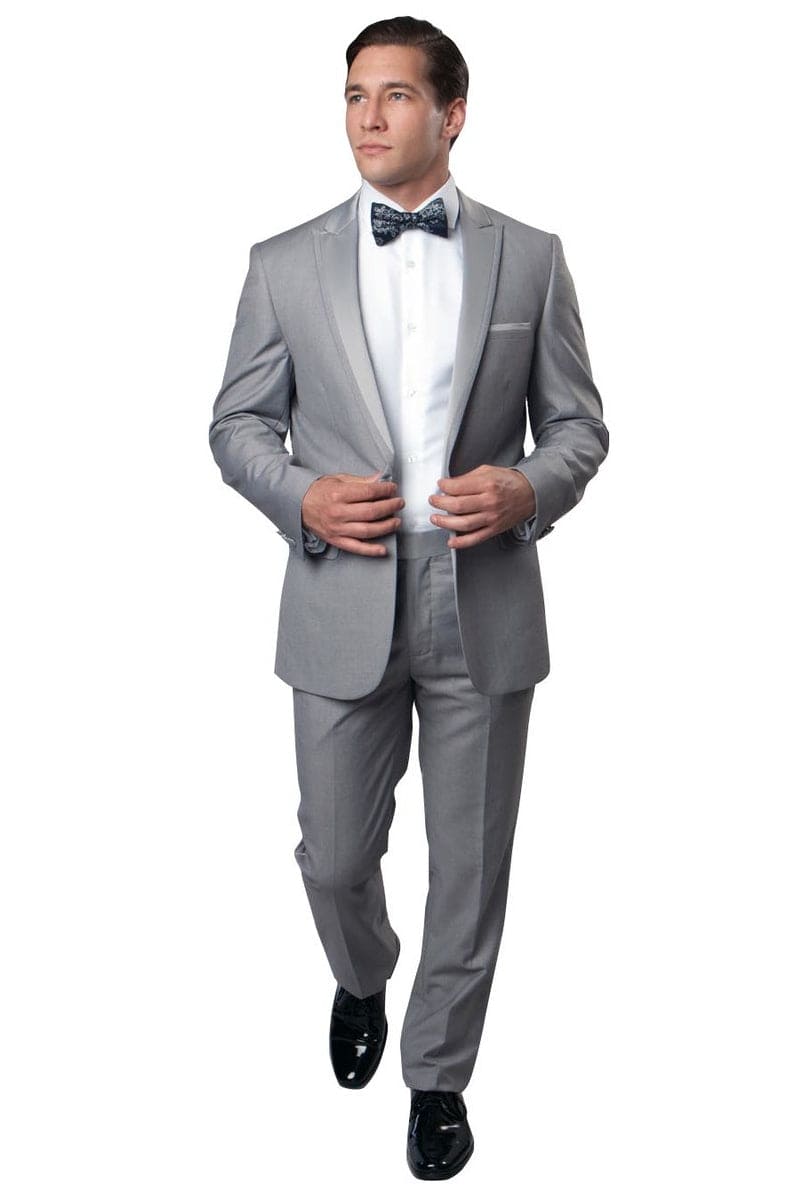 "Light Grey Men's Slim Fit Tuxedo - One Button, Satin Trim, Peak Lapel for Prom 2026 & Wedding"