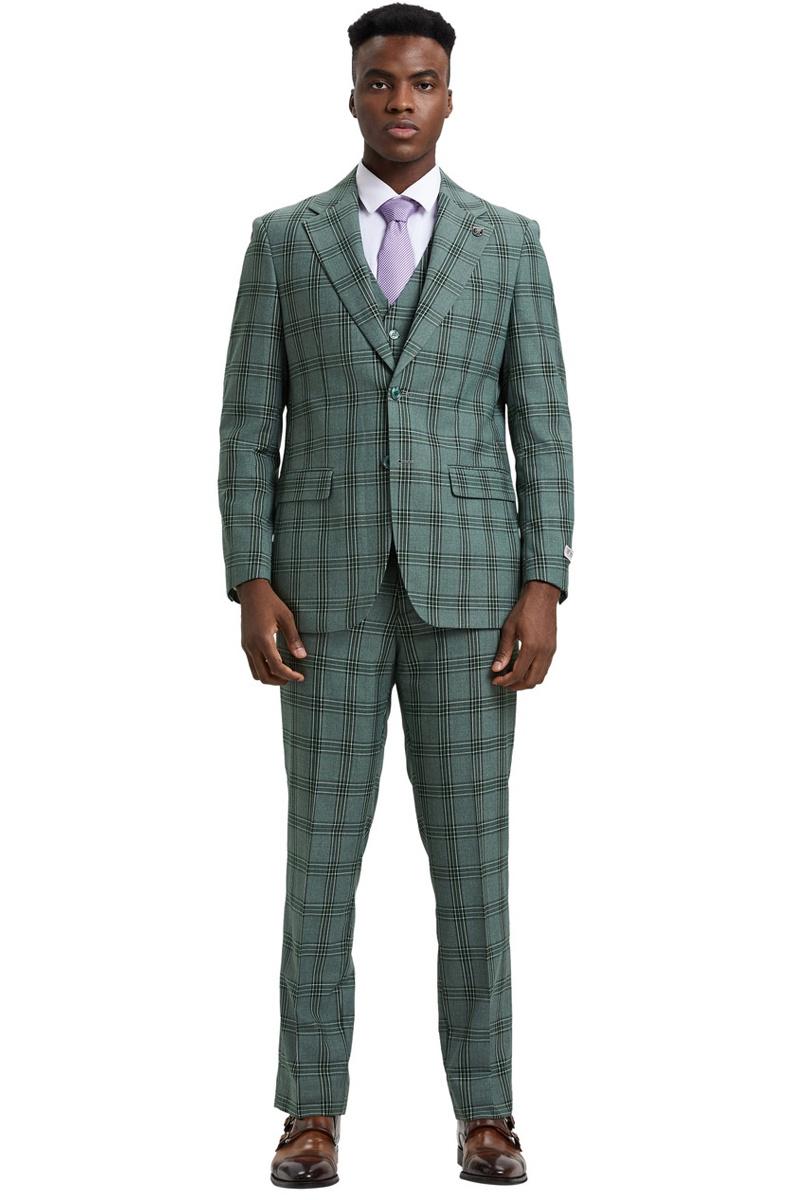 Men's Stacy Adams suit in light olive green glen plaid. Two-button jacket with notch lapels, matching vest, and straight-leg pants. Creates a coordinated, classic look.