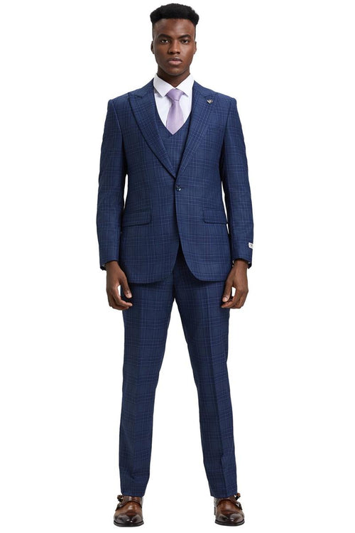 Mens Stacy Adams one button peak lapel double breasted vest suit features a blue and purple plaid pattern. The suit consists of a fitted jacket and tailored pants.