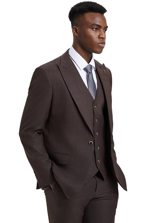 Men's Stacy Adams brown plaid suit with vest. One-button, wide peak lapel jacket, fitted silhouette. Brown plaid with lighter windowpane. Five-button vest complements the tailored design. Smooth fabric.