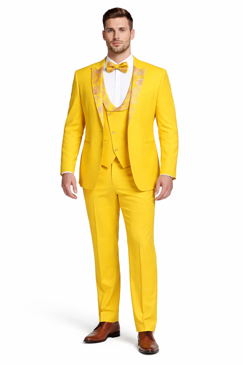 Radiant Golden Bloom Mens 3-Piece Suits with Floral Peak Lapel