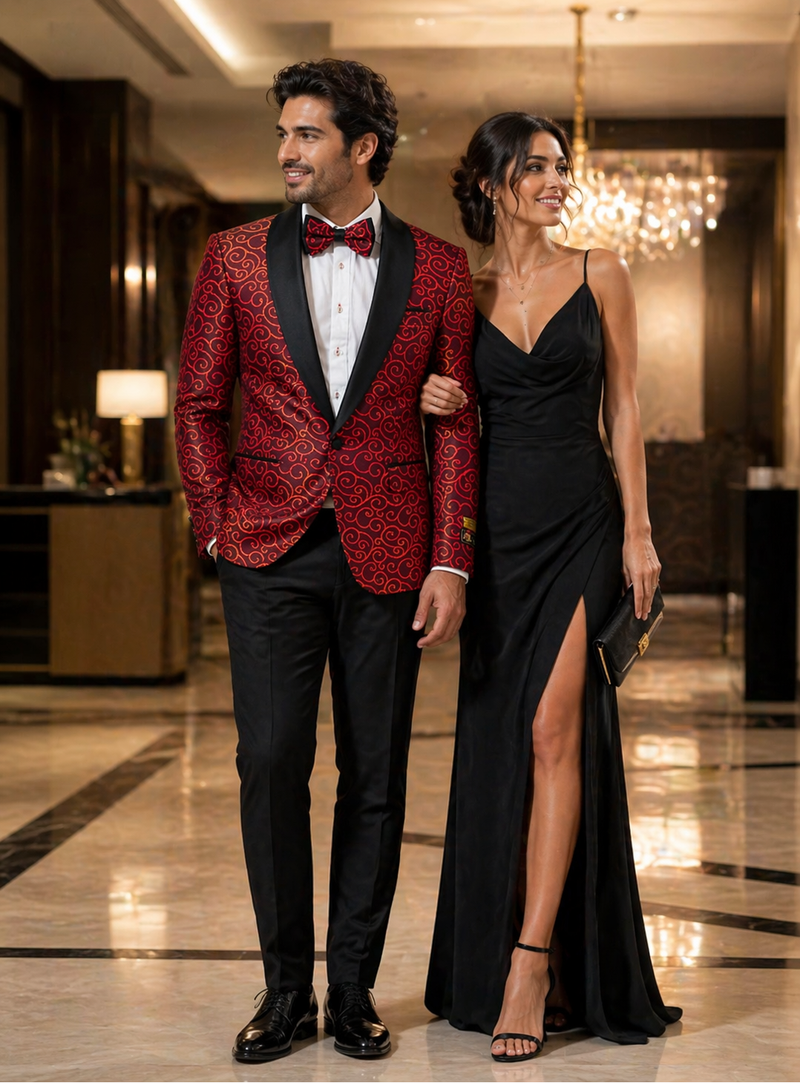 Red and Tuxedo Black Suit – Mens Formal Blazer with Satin Shawl Lapel