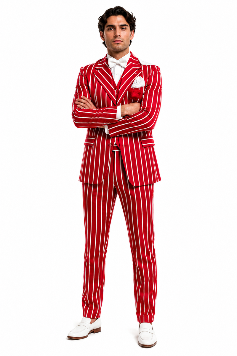 Red and White Pinstripe Zoot Suit - Gangster 1920s Pinstripe Suit - Mens Fashion Suit