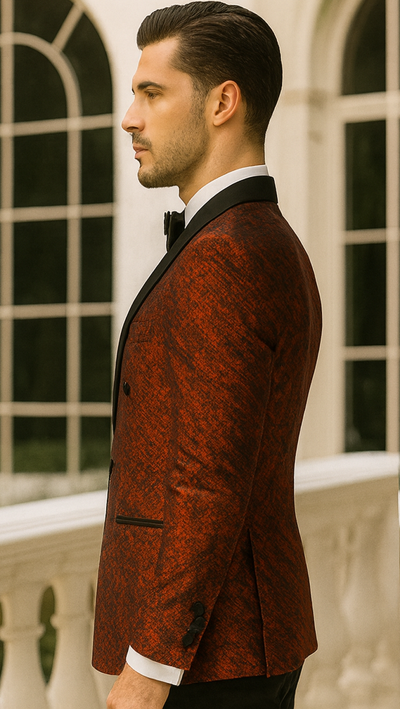 Red jacket, rough streak pattern, double-breasted with satin peak lapels. Black detailing, two-button cuffs.
