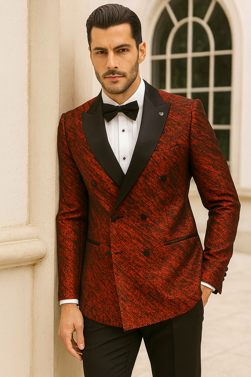Stacy Adams red double-breasted jacket with rough streak pattern & satin. Peak lapels, black buttons, & contrasting black lapel/pocket details.