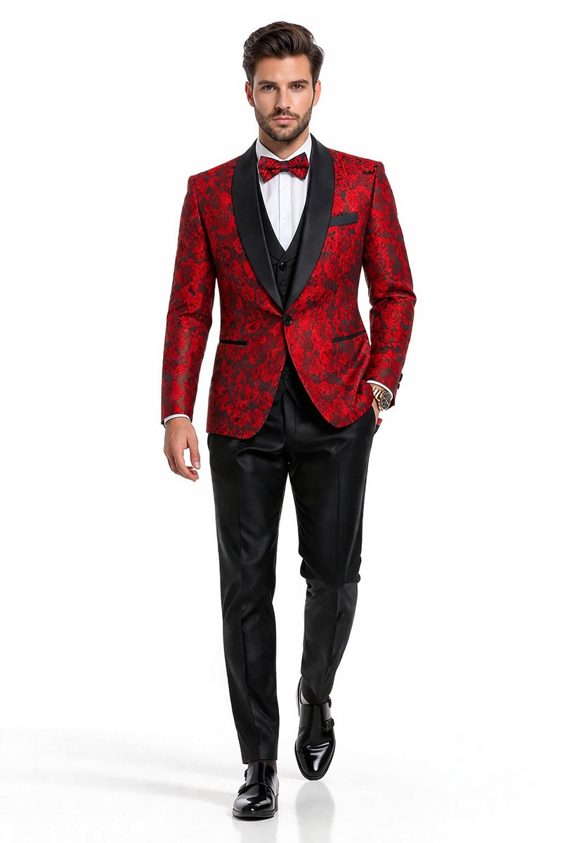 Men's One Button Slim Fit Shiny Paisley Red Prom Tuxedo