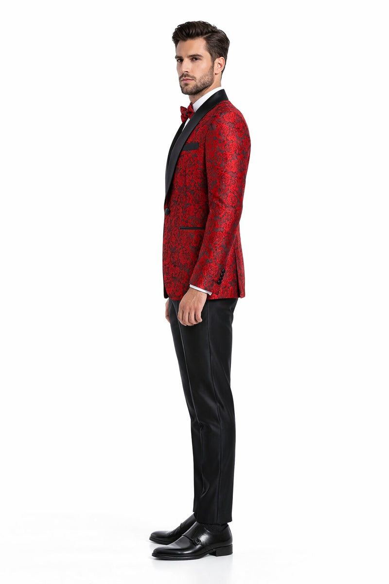 Men's One Button Slim Fit Shiny Paisley Red Prom Tuxedo