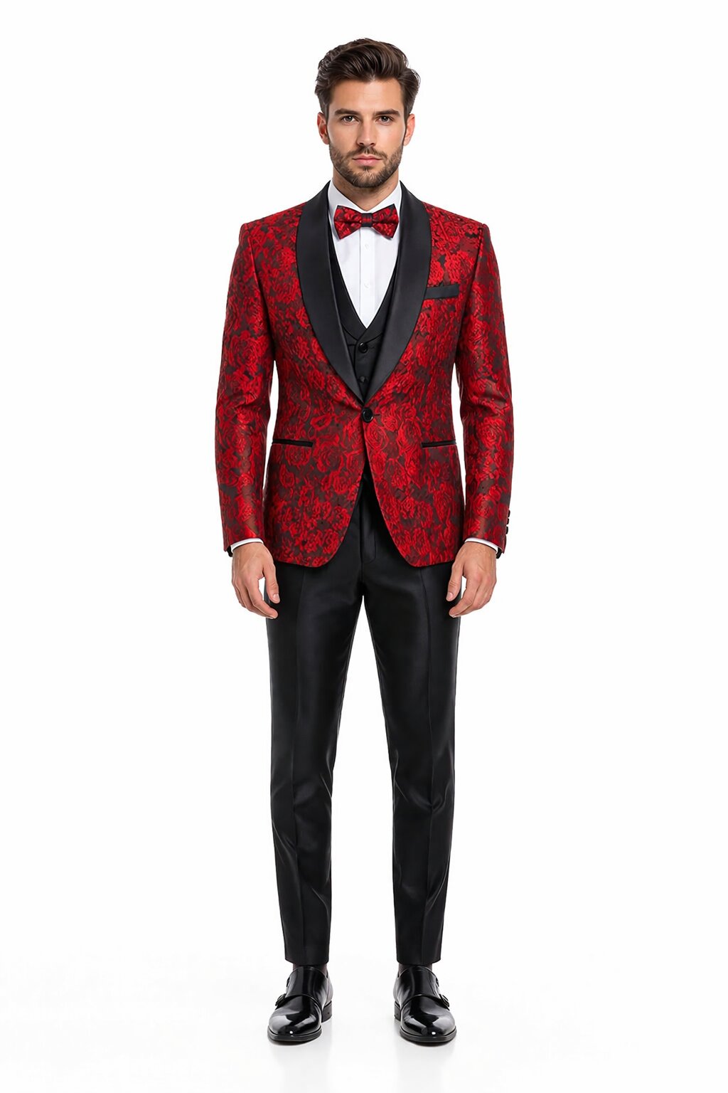 Men's One Button Slim Fit Shiny Paisley Red Prom Tuxedo