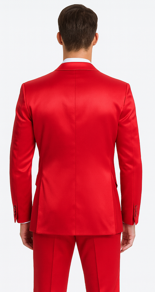 Tazzio men's red satin 3-piece slim fit suit. Peak lapel, double-breasted vest, vibrant red. Smooth, shiny texture and tailored, fitted silhouette with structured shoulders.