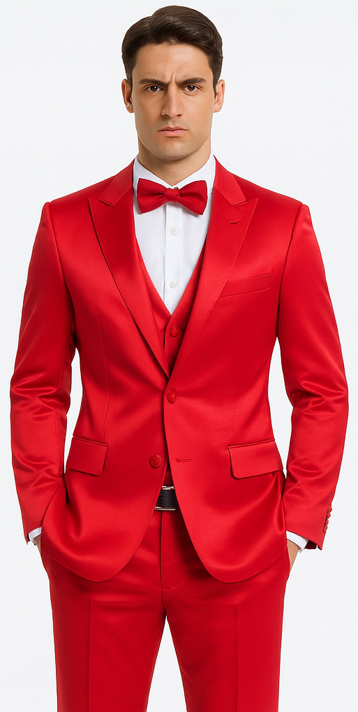 Tazzio men's red satin 3-piece slim fit suit. Peak lapel, double-breasted vest. Vibrant red. Includes blazer (two pockets) and matching trousers.
