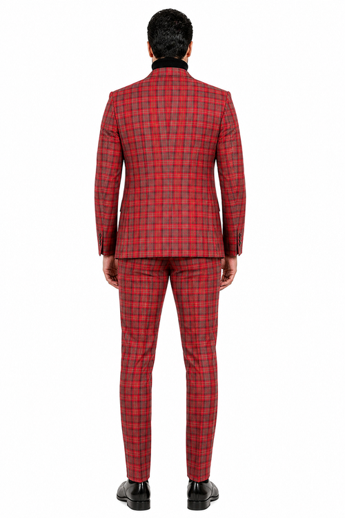 Red Tartan Suit Christmas Party Event - Plaid 3-Piece Slim Fit Suit with Vest - Window pane Pattern
