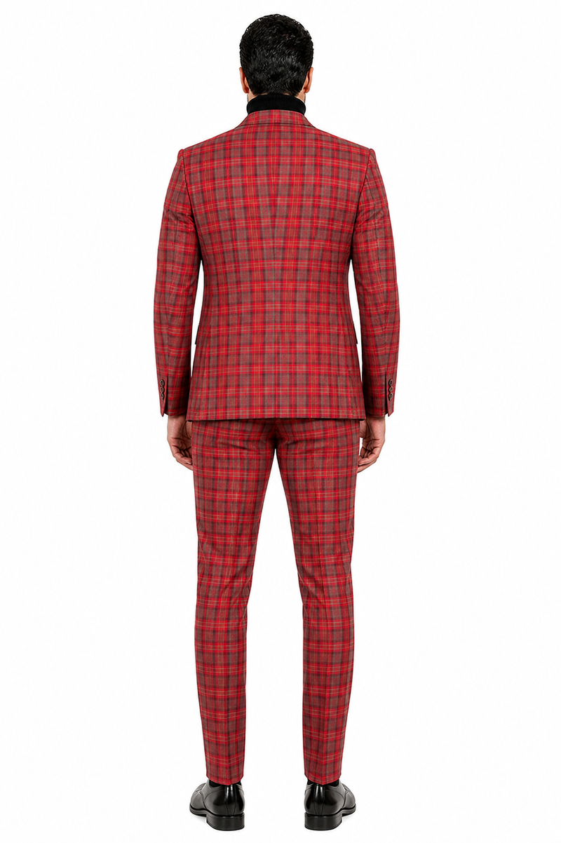 Red Tartan Suit Christmas Party Event - Plaid 3-Piece Slim Fit Suit with Vest - Window pane Pattern