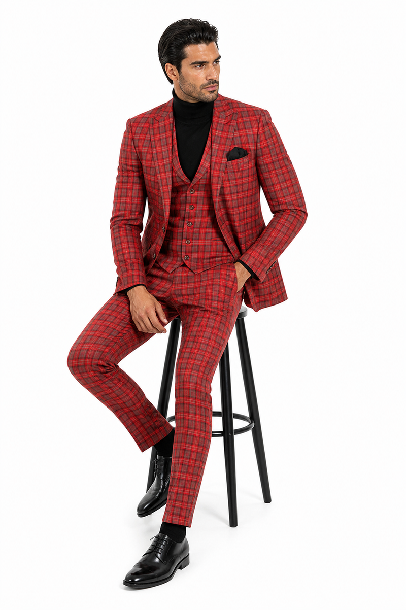 Red Tartan Suit Christmas Party Event - Plaid 3-Piece Slim Fit Suit with Vest - Window pane Pattern