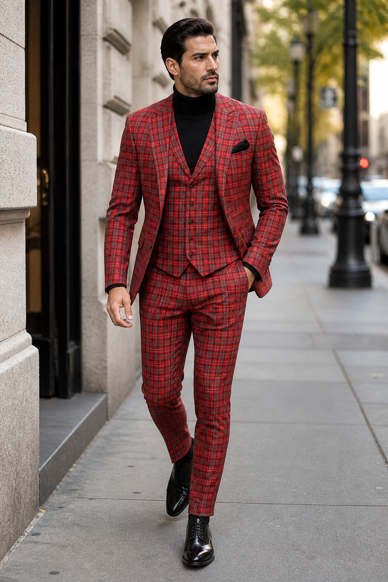 Red Tartan Suit Christmas Party Event - Plaid 3-Piece Slim Fit Suit with Vest - Window pane Pattern