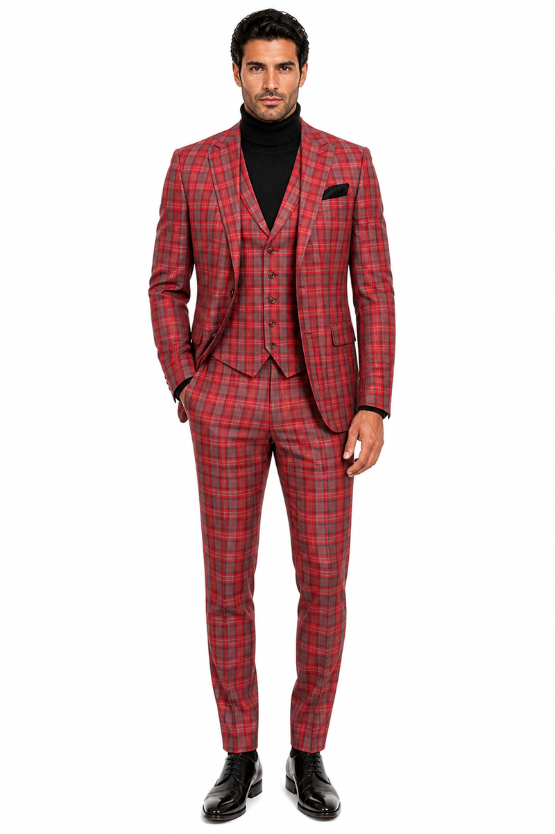 Red Tartan Suit Christmas Party Event - Plaid 3-Piece Slim Fit Suit with Vest - Window pane Pattern