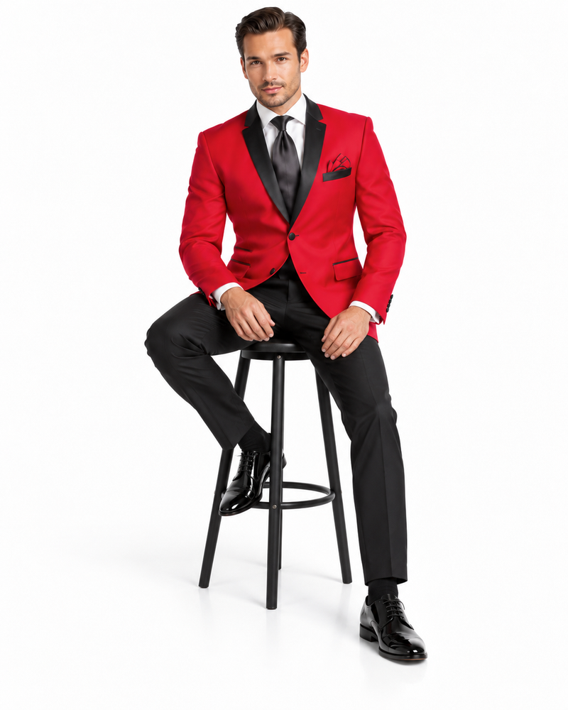 Red Tuxedo Jacket with Black Notch Lapel Trousers
