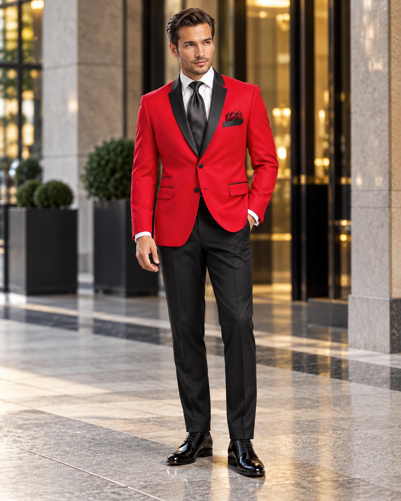 Red Tuxedo Jacket with Black Notch Lapel Trousers