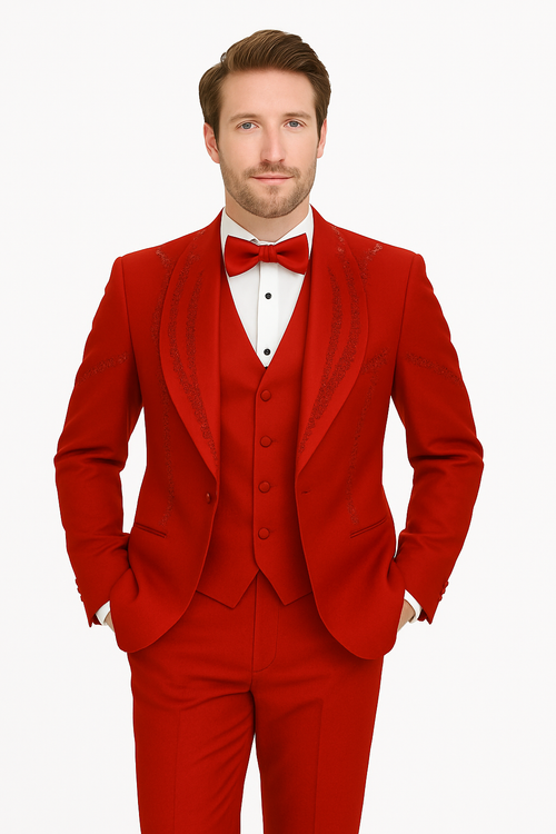Modern fit Italian red wool tuxedo. 3-piece suit: jacket (notched lapel, pockets), vest, trousers. Solid red. Includes matching bow tie. Tailored for a contemporary look.