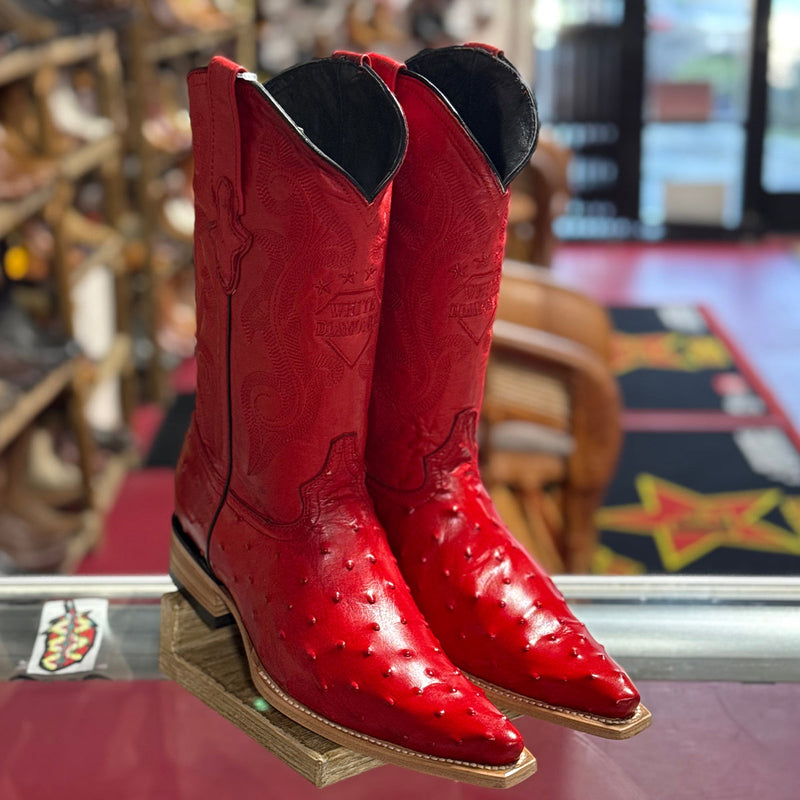 Red Ostrich Print Boots Pointy Toe Pointed Toe