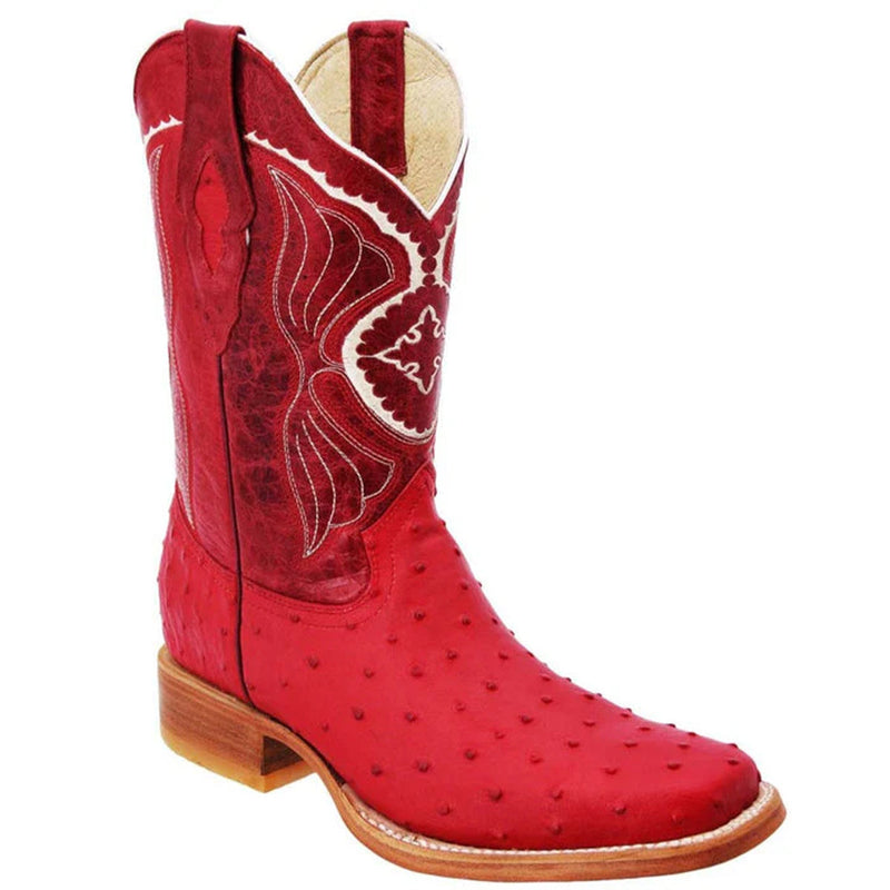 Red Boot Ostrich Print Square Toe