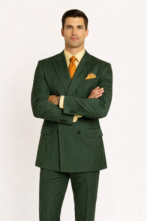 Rockefeller Collection - Double Breasted Stripe Suit Hunter Green Regular Fit 2 Piece
