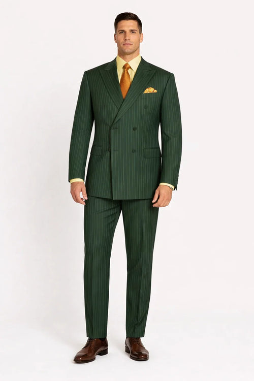 Rockefeller Collection - Double Breasted Stripe Suit Hunter Green Regular Fit 2 Piece