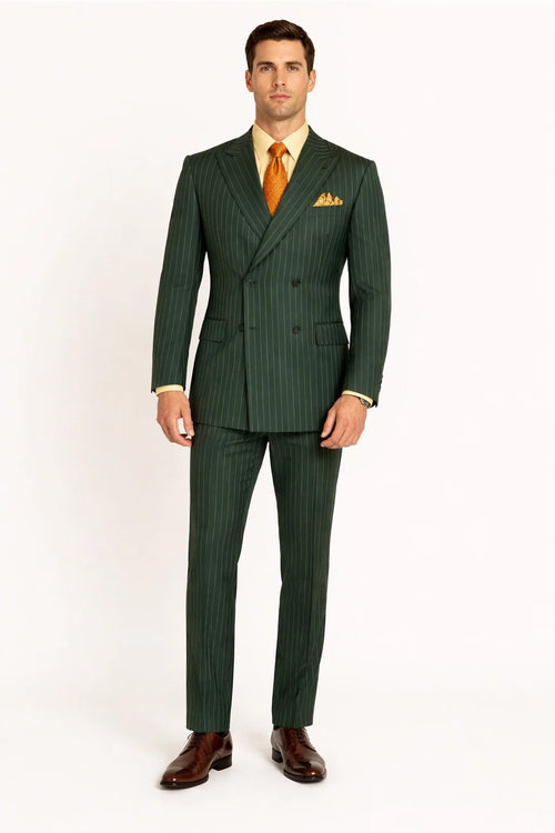 Rockefeller Collection - Double Breasted Stripe Suit Hunter Green Regular Fit 2 Piece