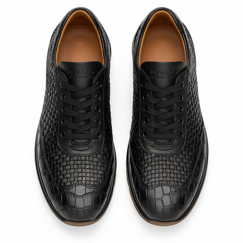 Marco Di Milano Roma Men's Shoes Black Genuine Caiman Crocodile / Woven Leather Fashion Sneakers