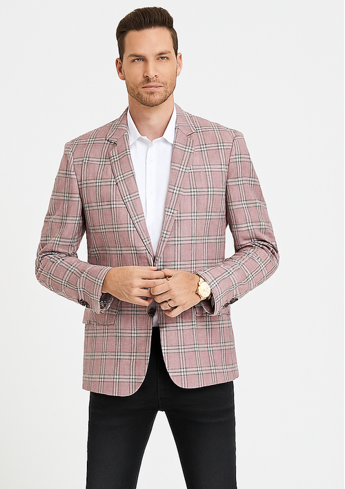 "Rose Pink Double Windowpane Sport Coat - Men's Two Button Business Casual"