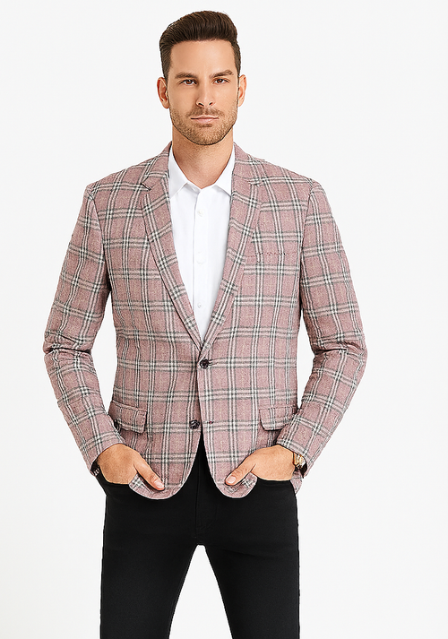 "Rose Pink Double Windowpane Sport Coat - Men's Two Button Business Casual"