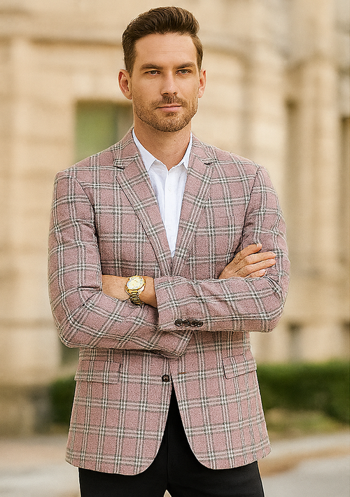 "Rose Pink Double Windowpane Sport Coat - Men's Two Button Business Casual"
