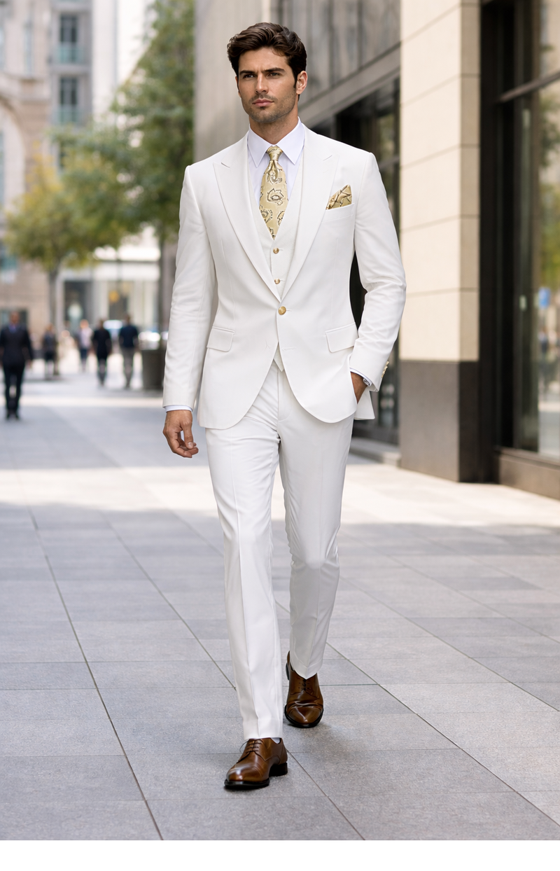 Rossi Man BOND RM1770 Slim Fit 3-Piece White Suit 1-Button Peak Lapel, Stylish Mens Formalwear