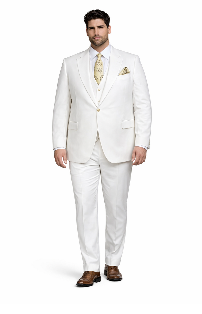 Rossi Man BOND RM1770 Slim Fit 3-Piece White Suit 1-Button Peak Lapel, Stylish Mens Formalwear