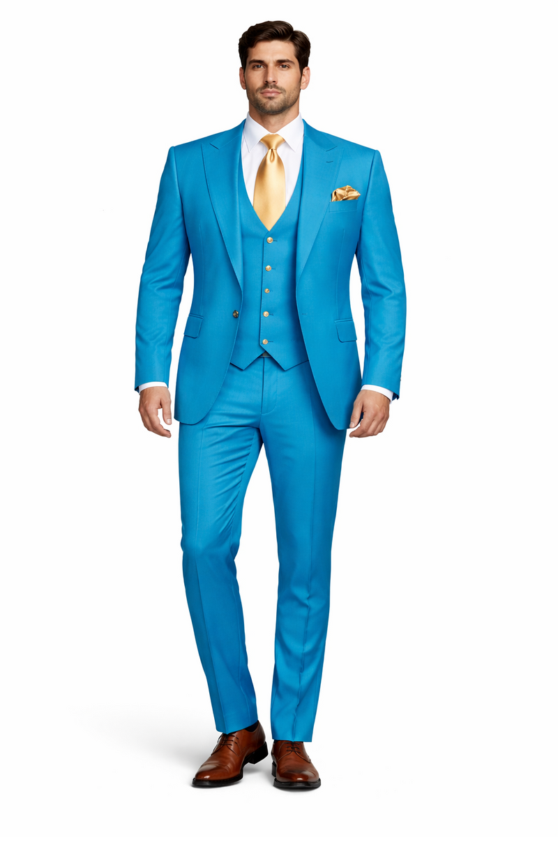 Rossi Man BOND RM1776 Slim Fit 3-Piece Suit – Tailored Turquoise Blue Suit for Formal Occasions