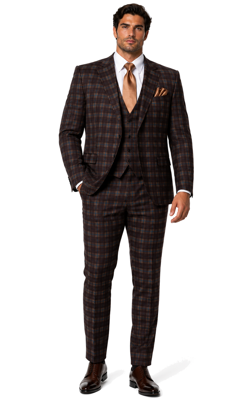 Rossi Man MAX RM1735 Slim Fit 3-Piece Brown Suit Modern Formalwear for Men