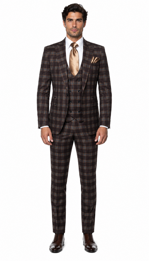 Rossi Man MAX RM1735 Slim Fit 3-Piece Brown Suit Modern Formalwear for Men