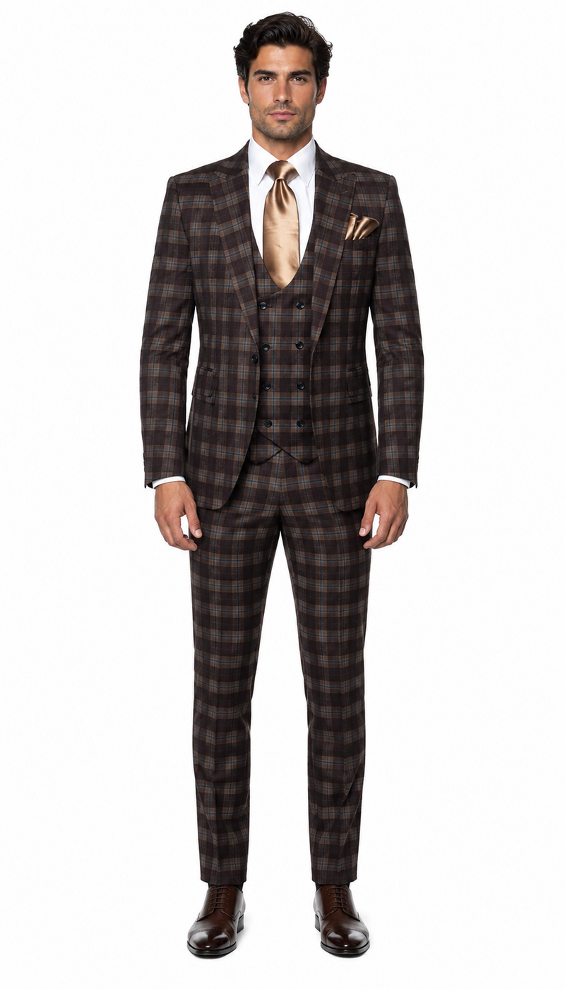 Rossi Man MAX RM1735 Slim Fit 3-Piece Brown Suit Modern Formalwear for Men