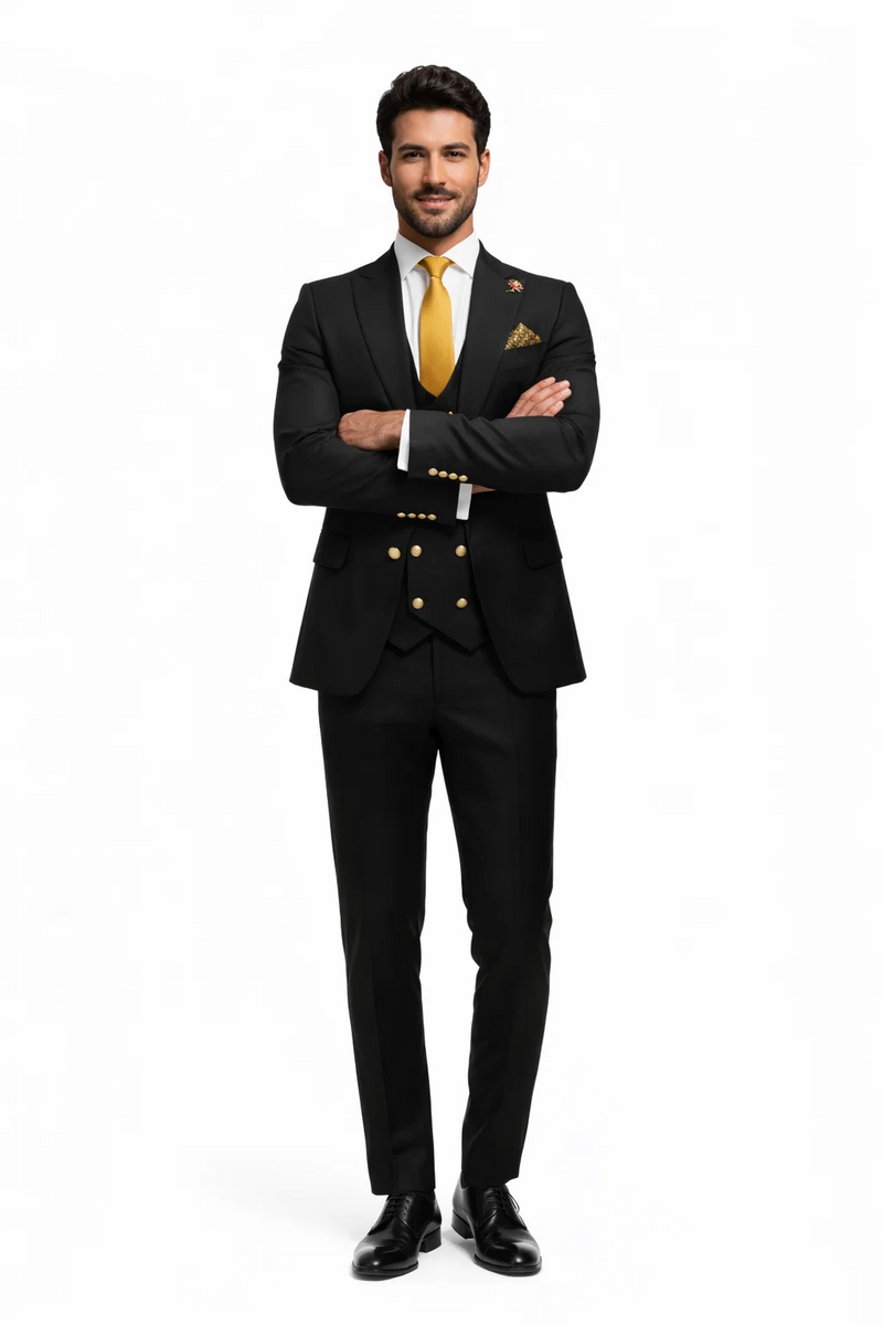 Rossi Man Mens Black Slim Fit Suit Double-Breasted Modern Classic